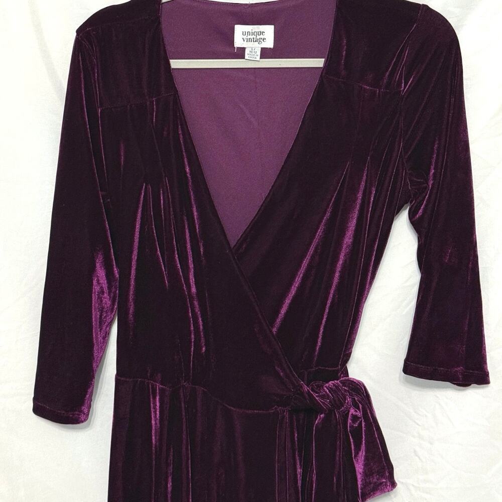 Unique Vintage 1940s Style Eggplant Purple Velvet Kelsie Wrap Dress Sz L 10 12 - Picture 3 of 7